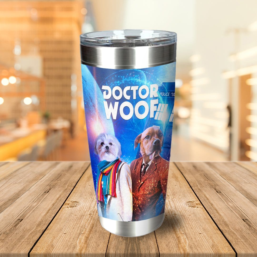 Personalized stainless steel tumbler with two custom pet portraits in "Doctor Woof" style.
