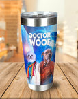 Personalized stainless steel tumbler with two custom pet portraits in "Doctor Woof" style.
