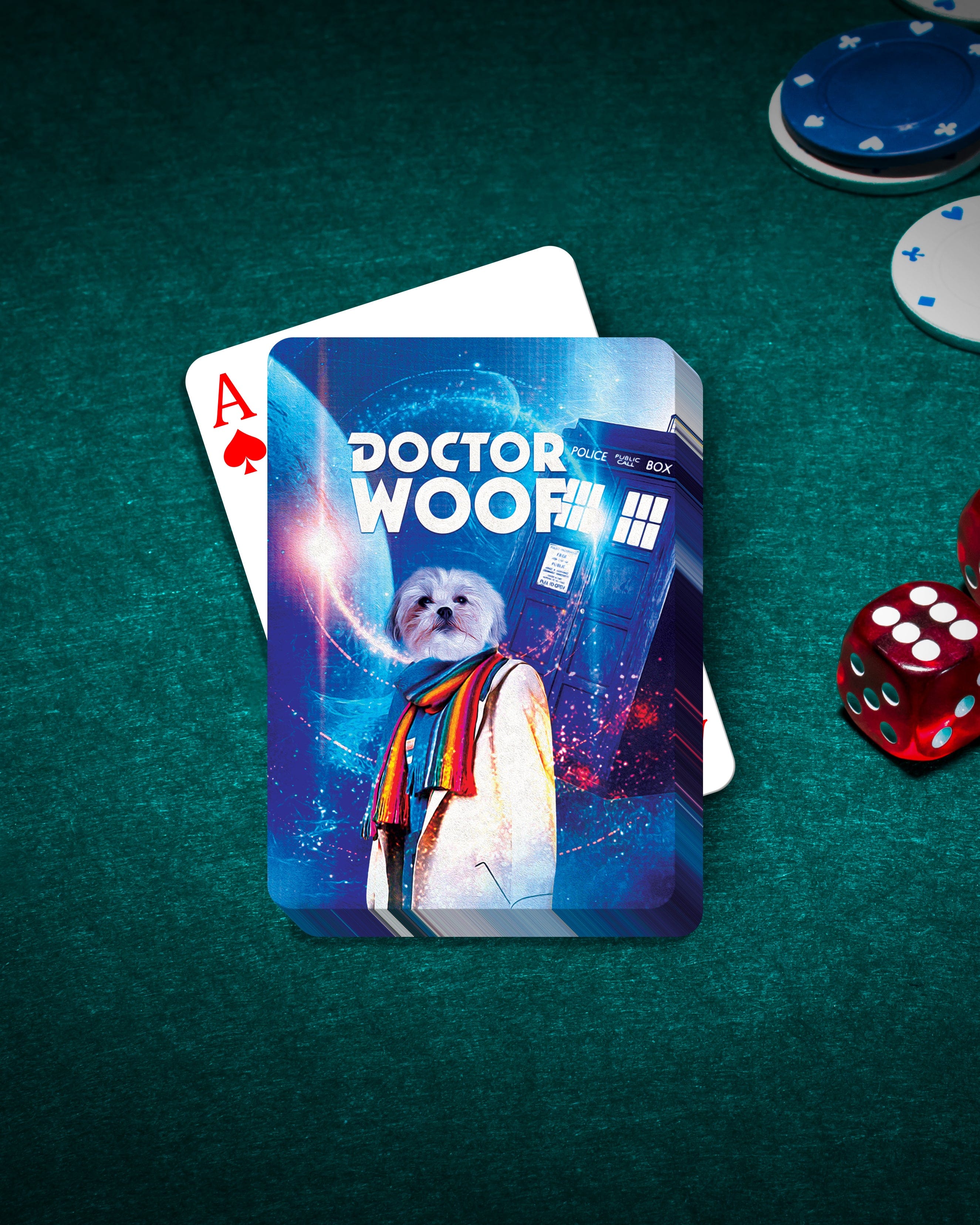 Personalized "Dr. Woof" playing card featuring a custom dog portrait in a sci-fi style on a green felt table.
