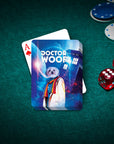 Personalized "Dr. Woof" playing card featuring a custom dog portrait in a sci-fi style on a green felt table.