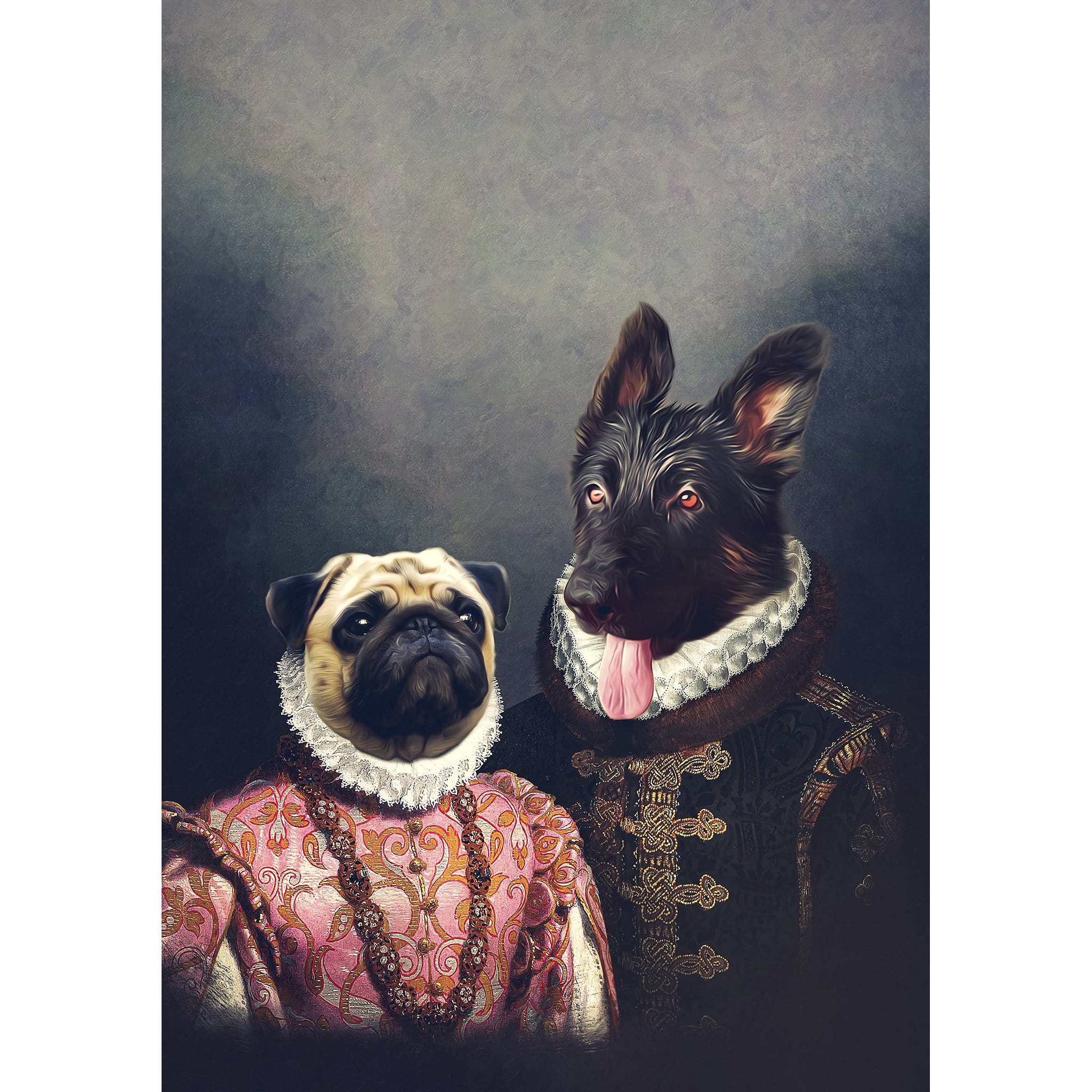 Custom renaissance royal portrait of a pug and German Shepherd in period attire.