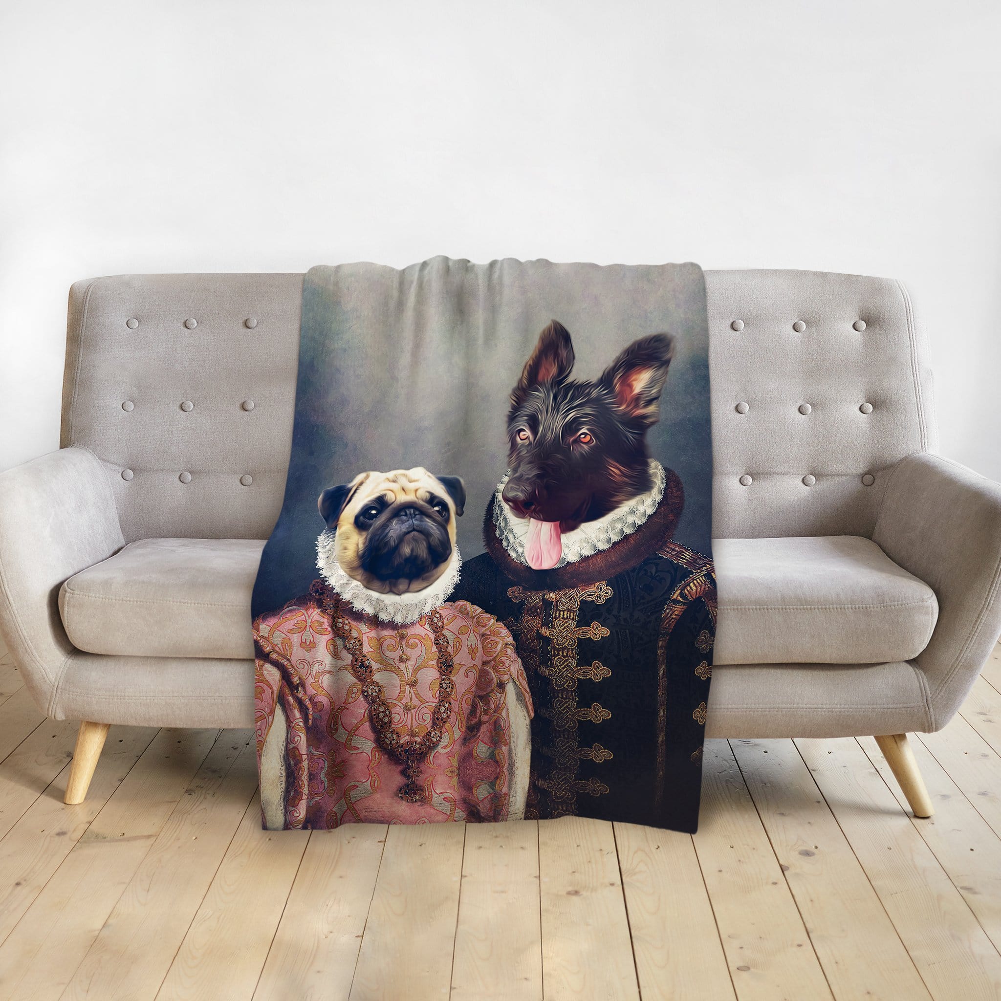 Custom personalized pet blanket with a renaissance royal portrait of a pug and a black dog.