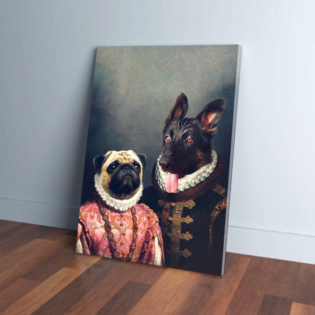 Personalized "Duke and Archduchess" pet canvas featuring a pug in a pink gown and a German Shepherd in a dark suit.