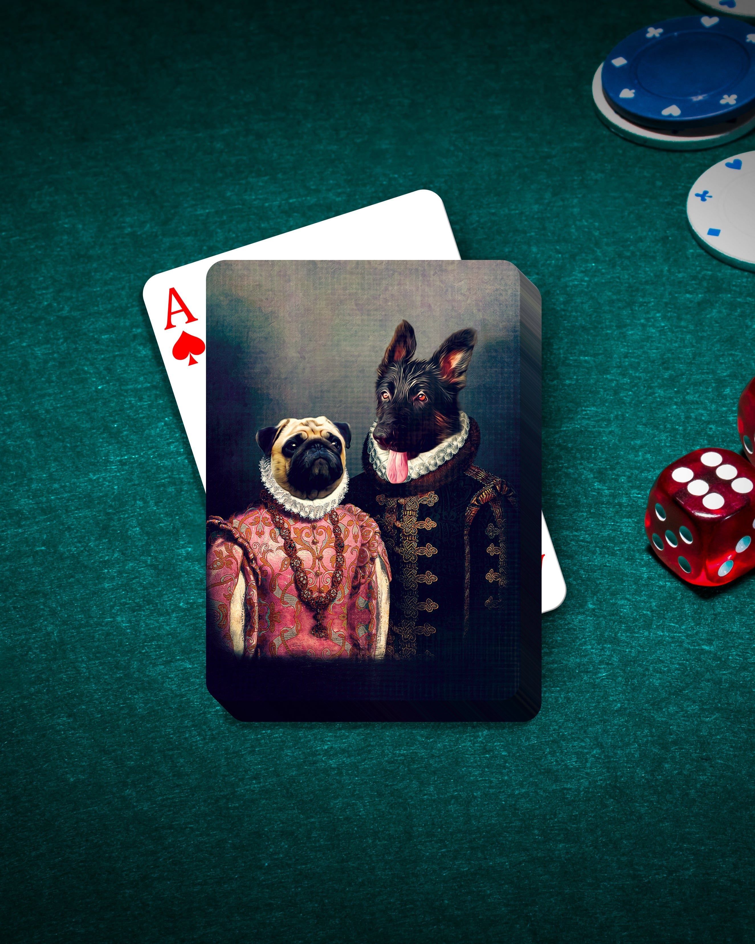 Custom playing cards featuring two pets, a pug and a German Shepherd, in Renaissance royal portraits.