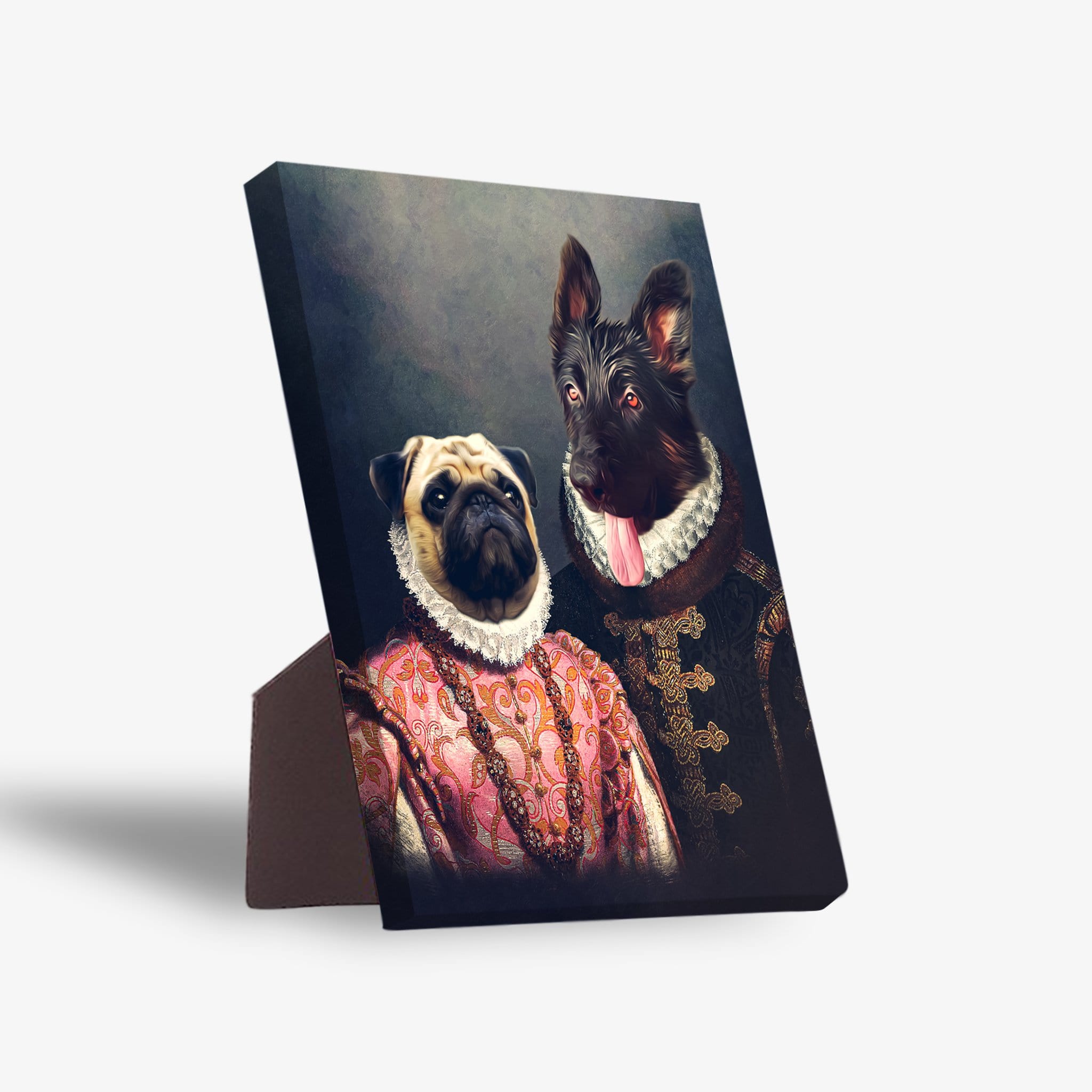 Personalized 'Duke and Archduchess' canvas featuring two pets in historical attire with a sturdy back stand.