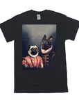 Black Gildan t-shirt with a personalized portrait of a pug and a dark dog dressed as a duke and archduchess.