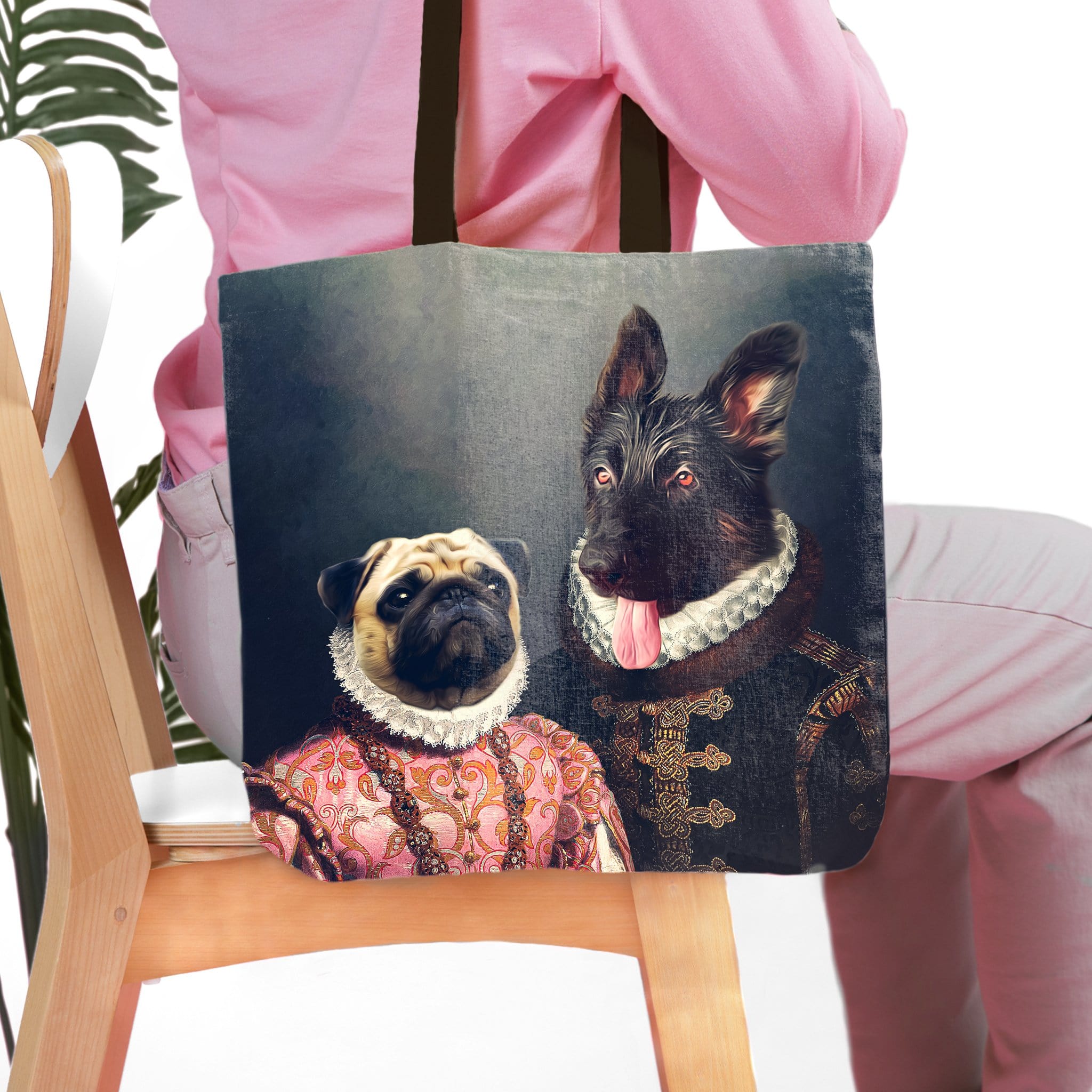 Personalized two-pet tote bag featuring a Pug and German Shepherd in Renaissance royal portraits.