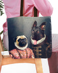 Personalized two-pet tote bag featuring a Pug and German Shepherd in Renaissance royal portraits.