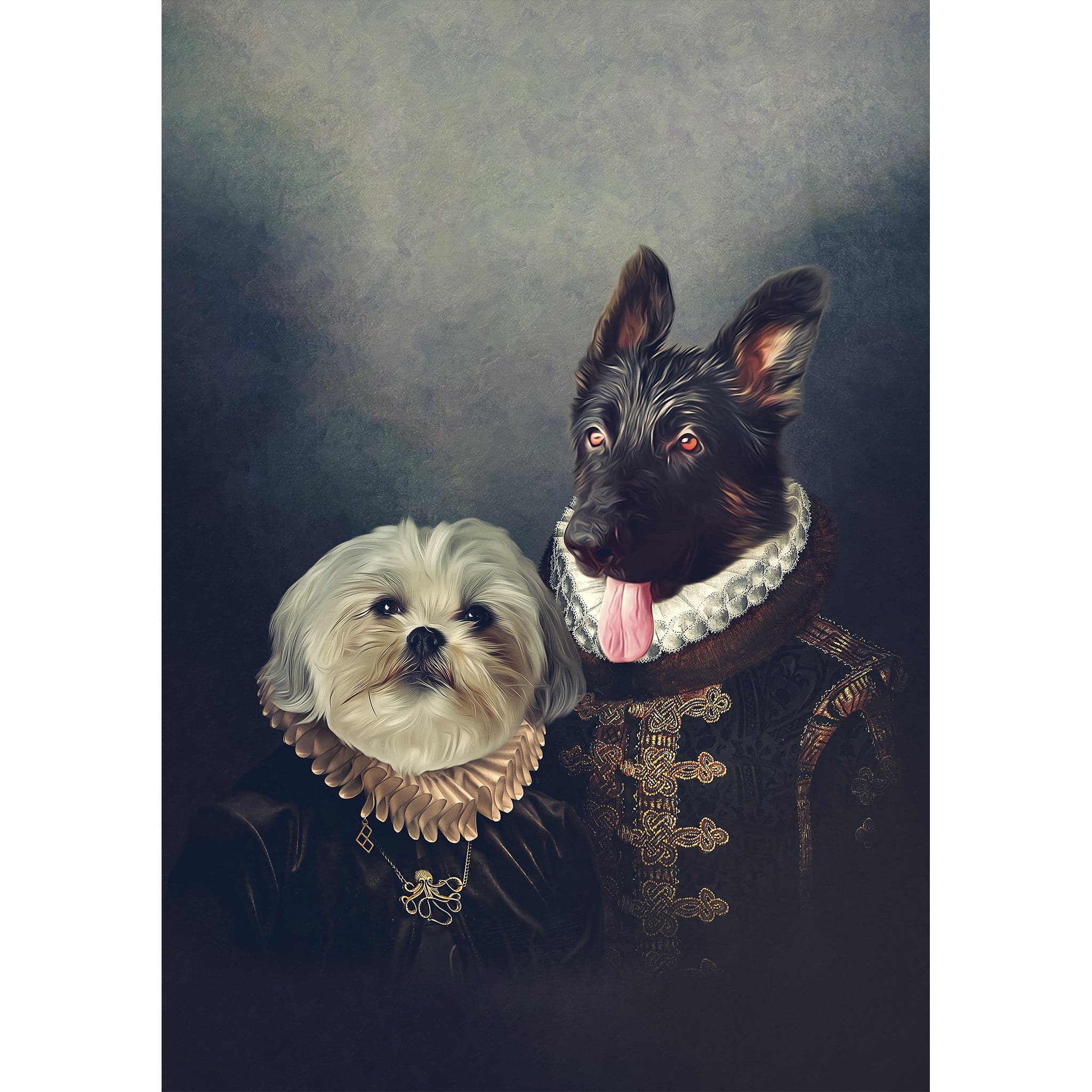 Custom 'Duke and Duchess' royal renaissance portrait of two pets, a white Shih Tzu and a dark dog.