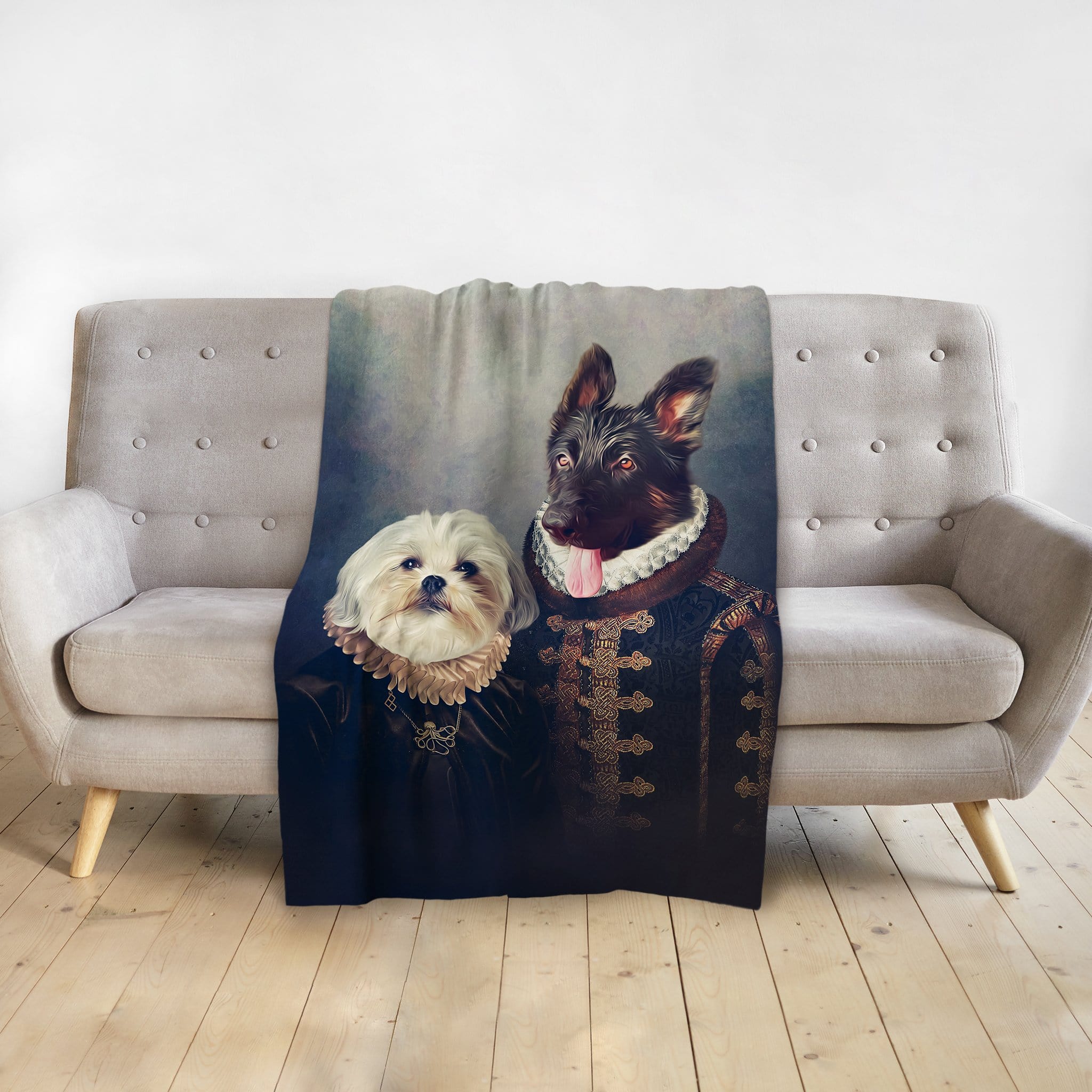 Personalized 'Duke and Duchess' pet blanket with two dogs in renaissance royal portraits.