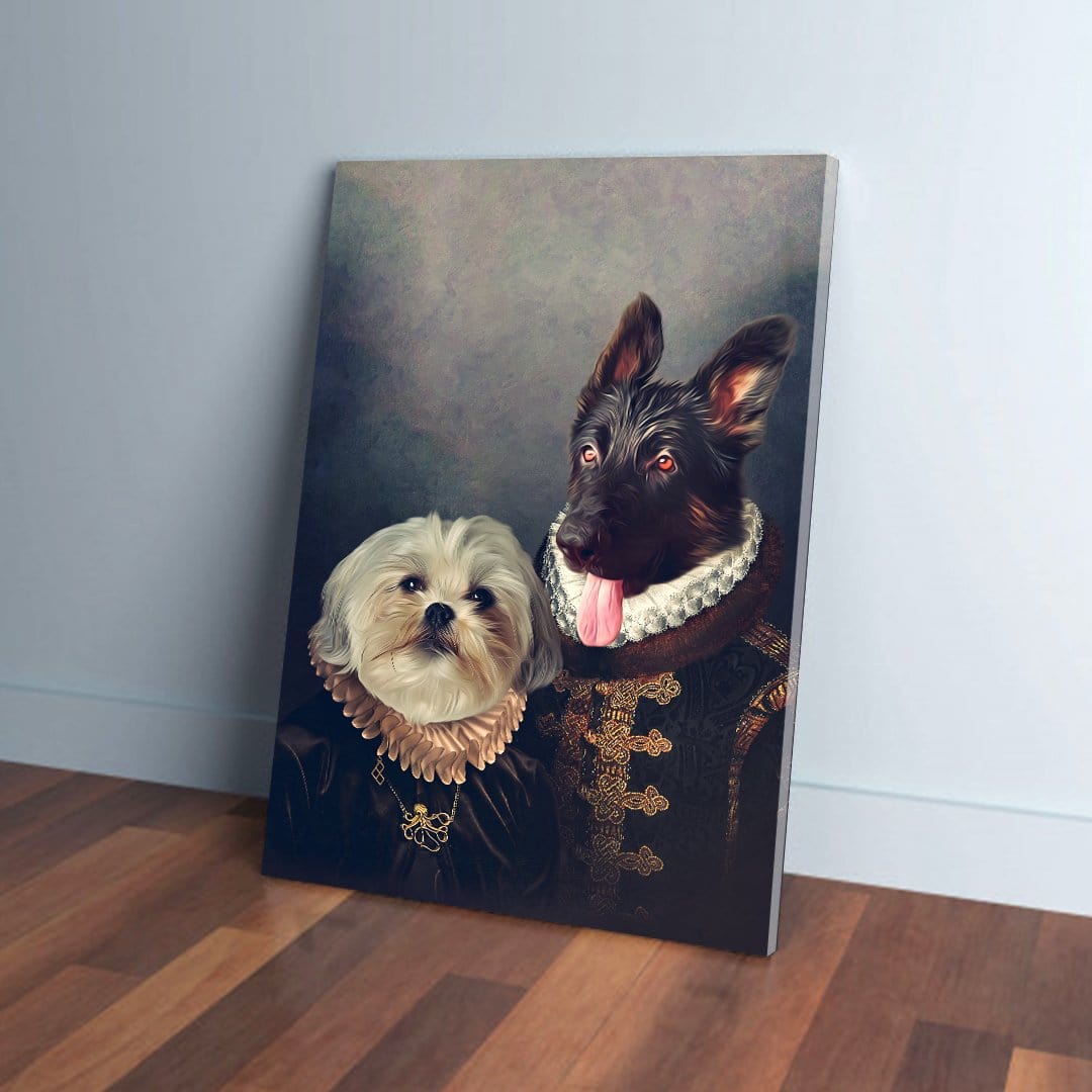 Custom 'Duke and Duchess' pet portrait canvas featuring two dogs in Renaissance-style attire.