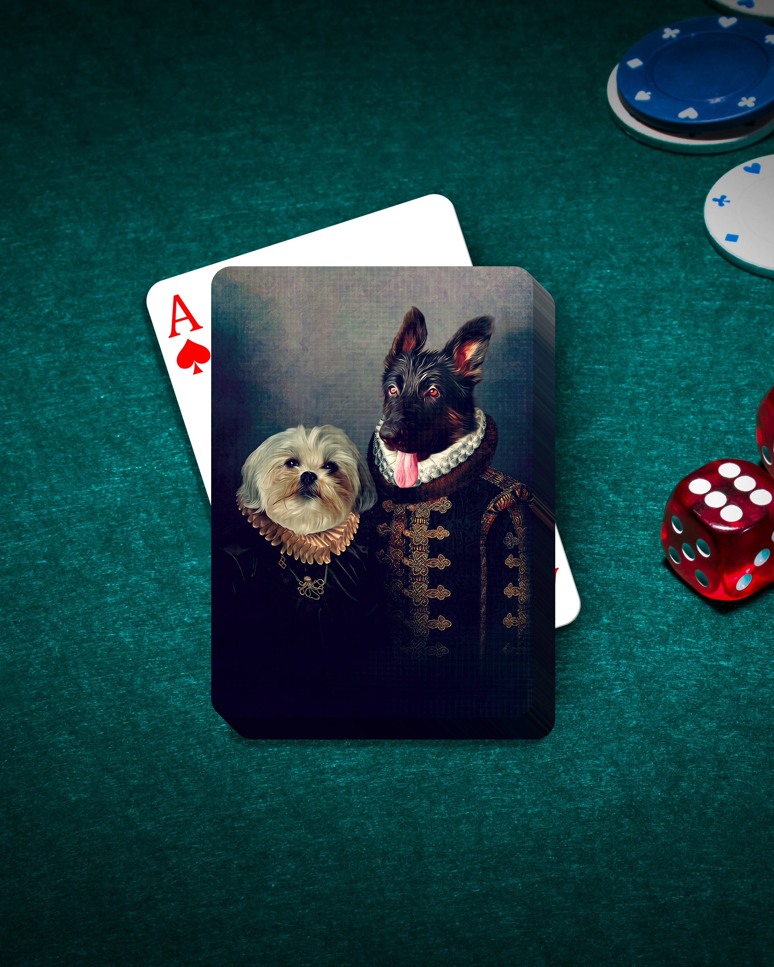 Personalized playing cards featuring two pets in Renaissance royal portraits, on a green poker table with chips and dice.