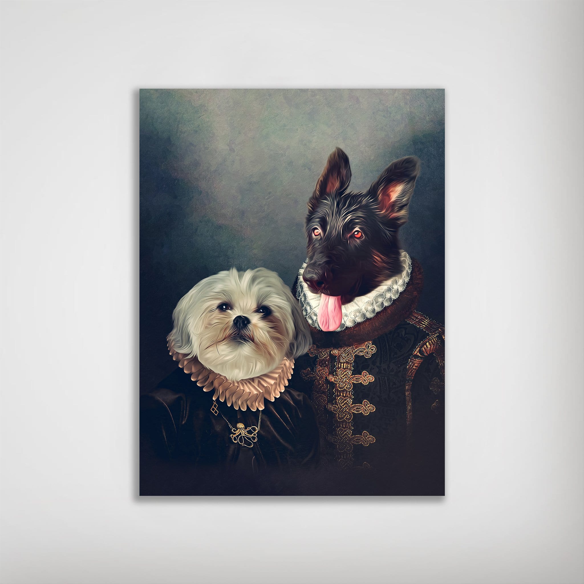Personalized 'Duke and Duchess' pet poster featuring a white dog and a black dog in regal attire.