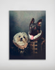 Personalized 'Duke and Duchess' pet poster featuring a white dog and a black dog in regal attire.