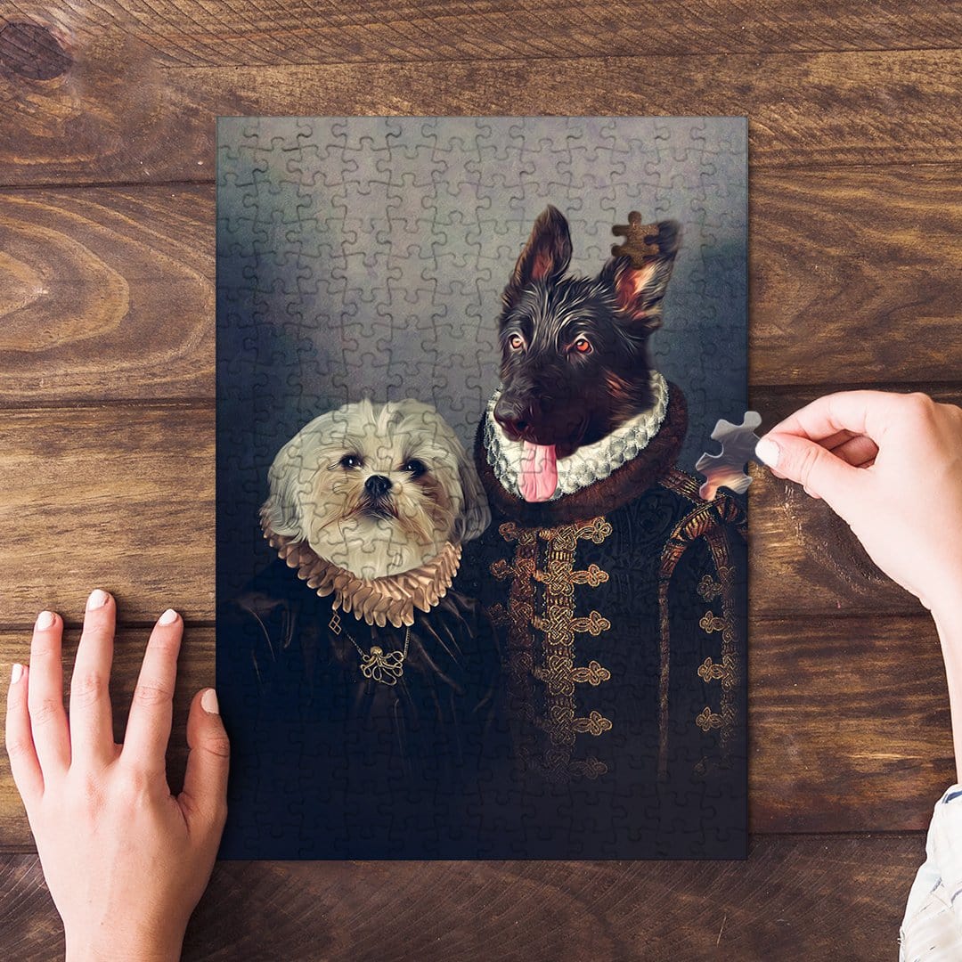Personalized "Duke and Duchess" 2-pet renaissance portrait puzzle featuring a Shih Tzu and German Shepherd.