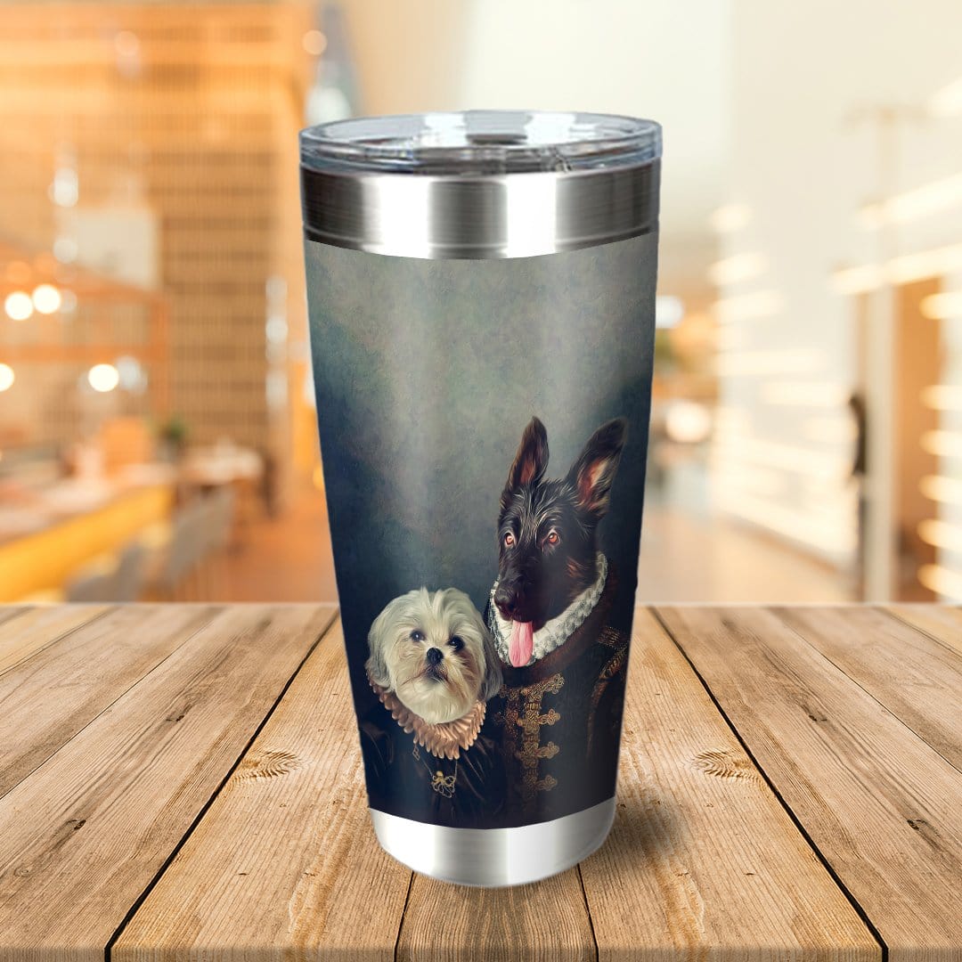 Personalized stainless steel tumbler with two pets in Duke and Duchess renaissance style portraits.