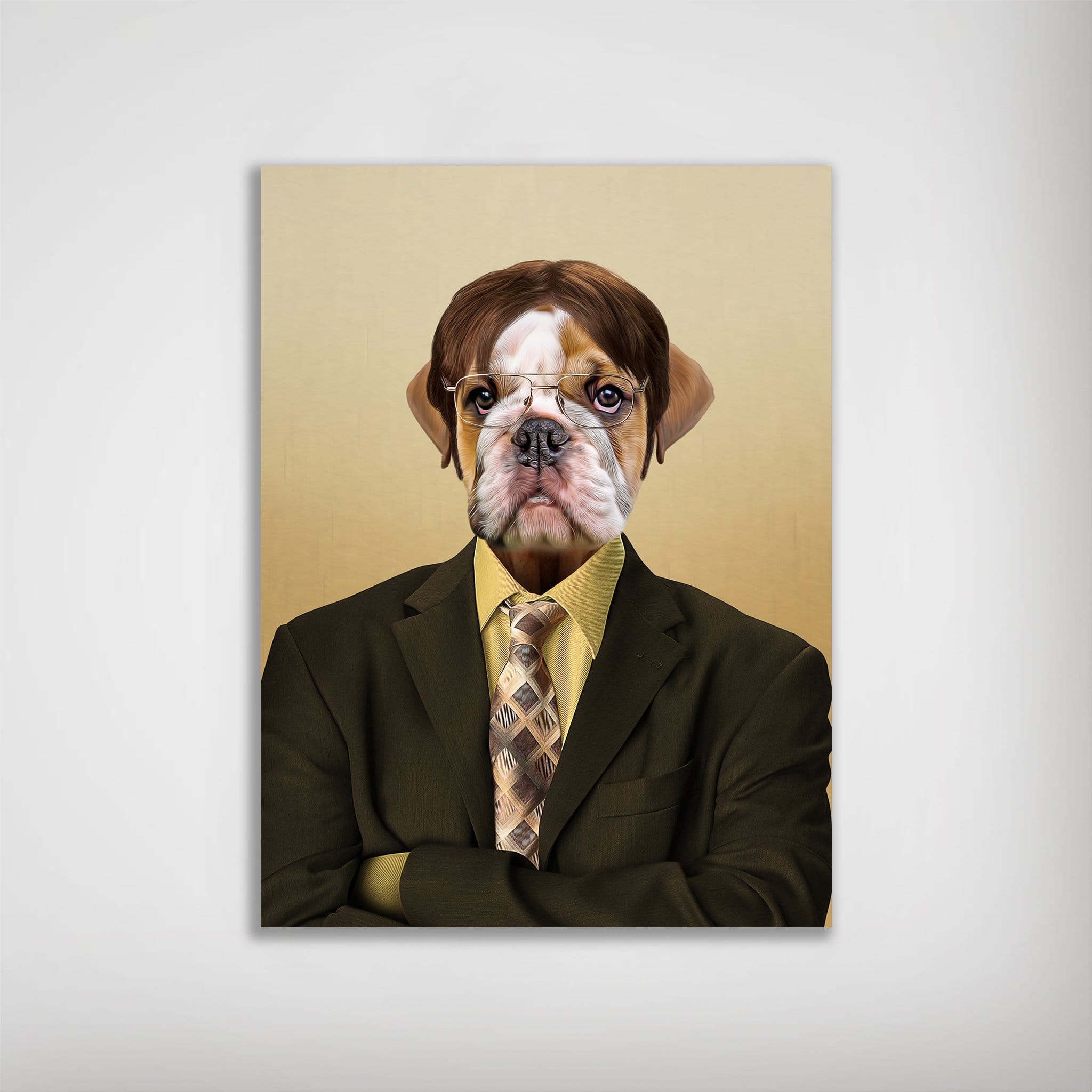 Personalized "Dwight Woofer" dog poster featuring a bulldog in a brown suit, yellow shirt, and glasses.