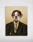 Personalized "Dwight Woofer" dog poster featuring a bulldog in a brown suit, yellow shirt, and glasses.