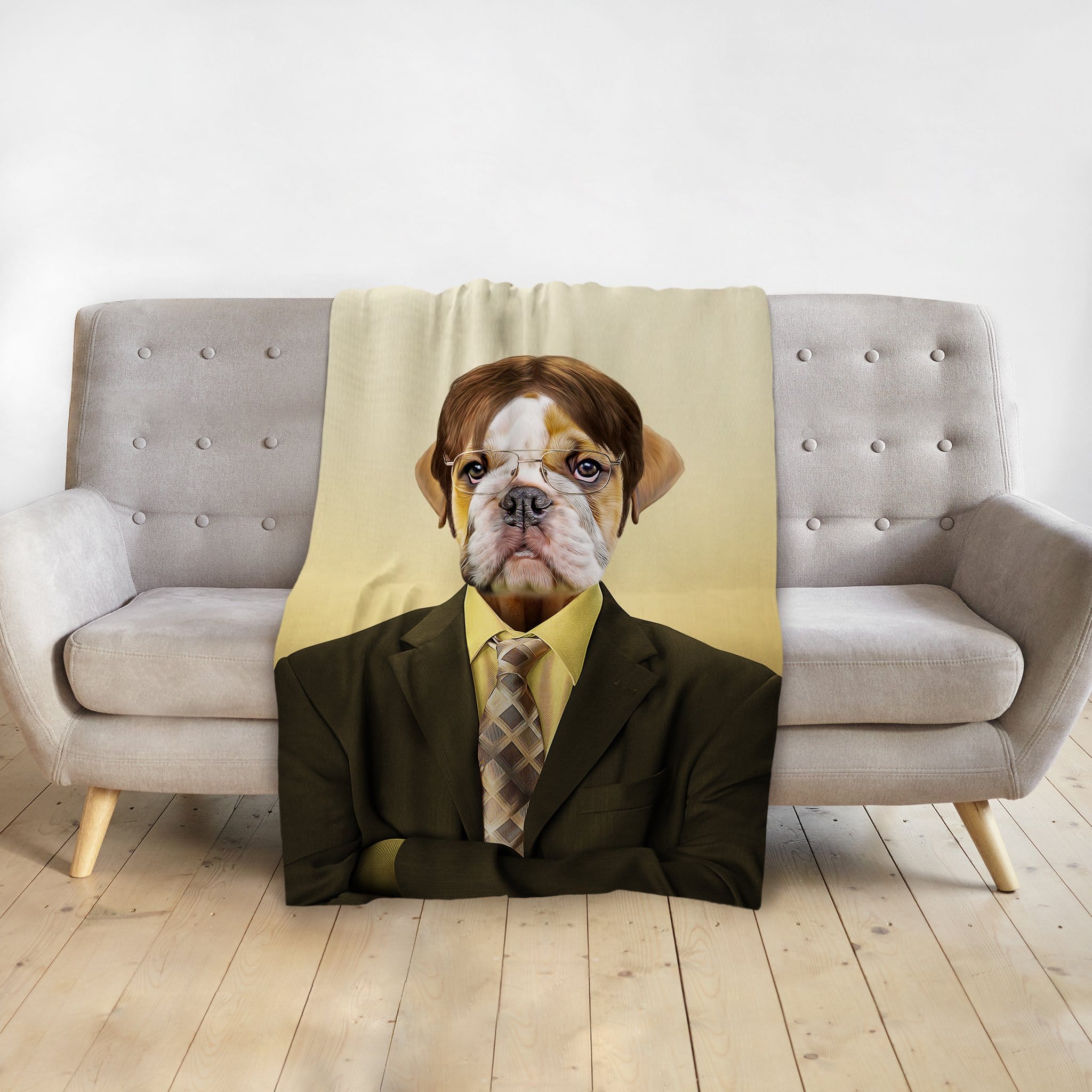 Personalized pet blanket with a bulldog's head on a man in a suit, "Dwight Woofer" portrait.