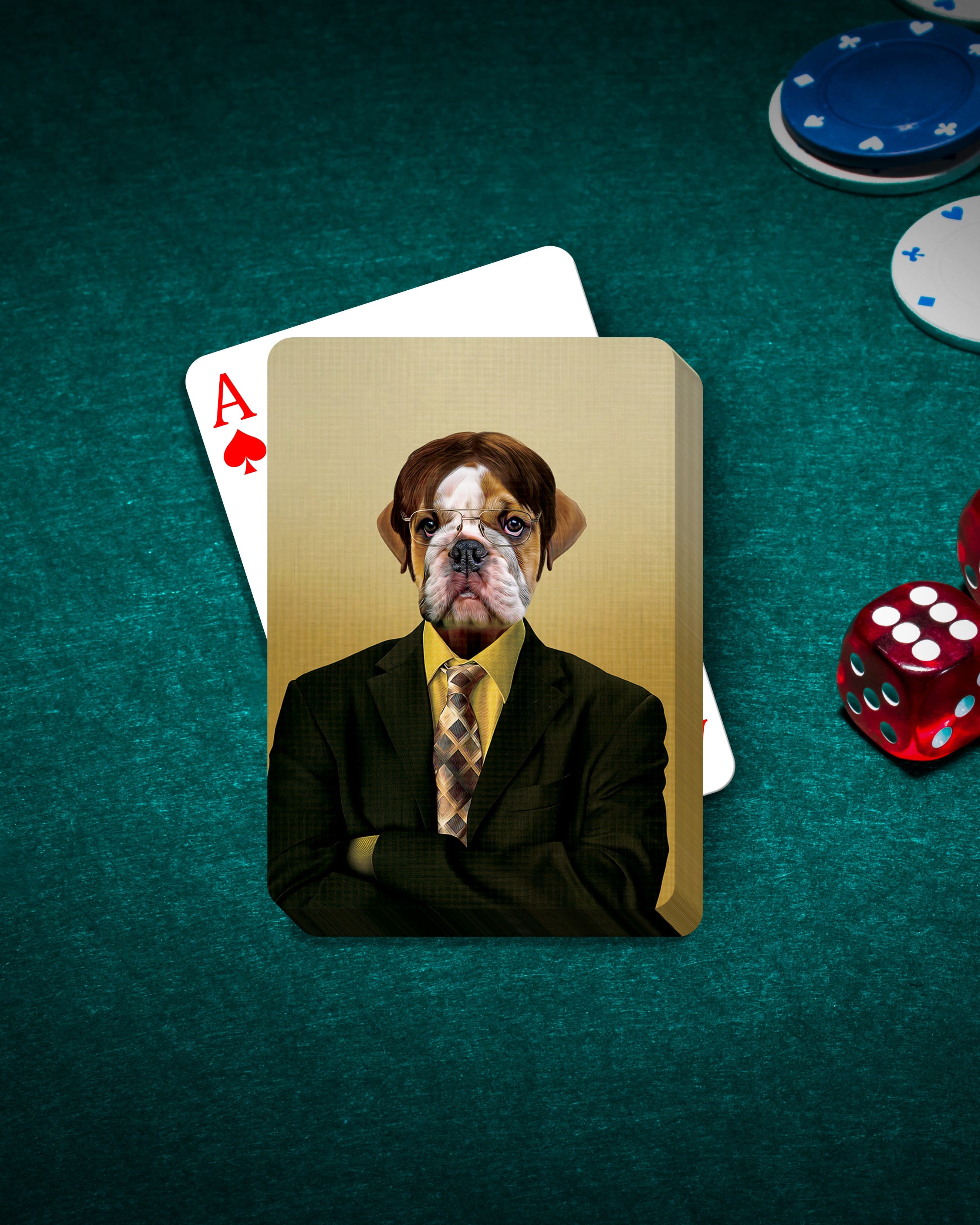 Custom personalized playing card featuring a bulldog pet portrait in a suit, on a green poker table with chips and dice.