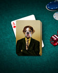 Custom personalized playing card featuring a bulldog pet portrait in a suit, on a green poker table with chips and dice.