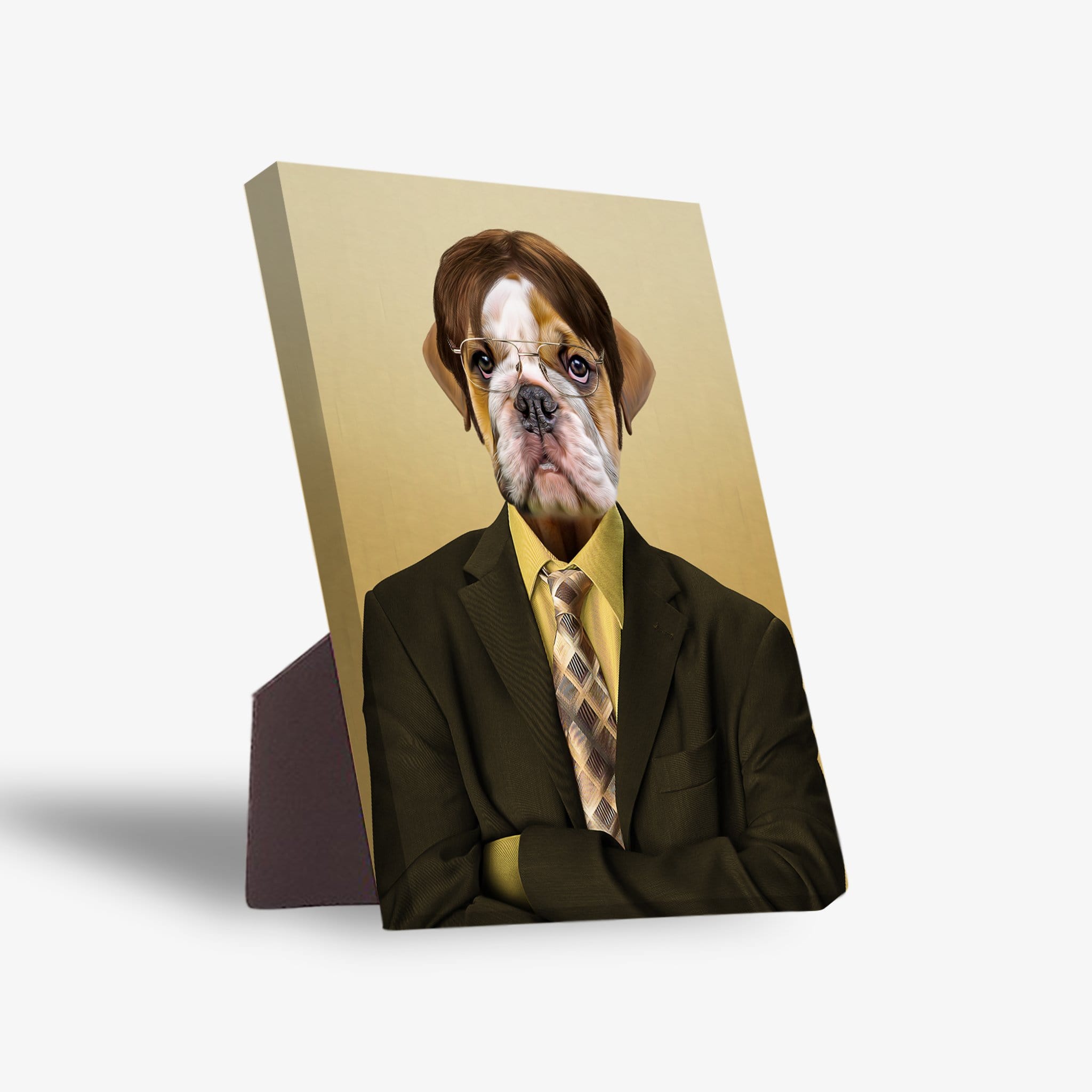 Personalized pet standing canvas featuring a bulldog's head on a man in a suit, with a sturdy stand.