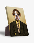 Personalized pet standing canvas featuring a bulldog's head on a man in a suit, with a sturdy stand.