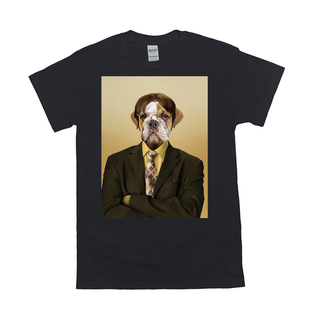 Black Gildan t-shirt with a personalized "Dwight Woofer" bulldog in a suit design.