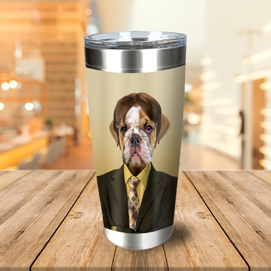 Personalized stainless steel tumbler with a custom bulldog pet portrait in a suit and glasses.