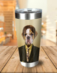 Personalized stainless steel tumbler with a custom bulldog pet portrait in a suit and glasses.