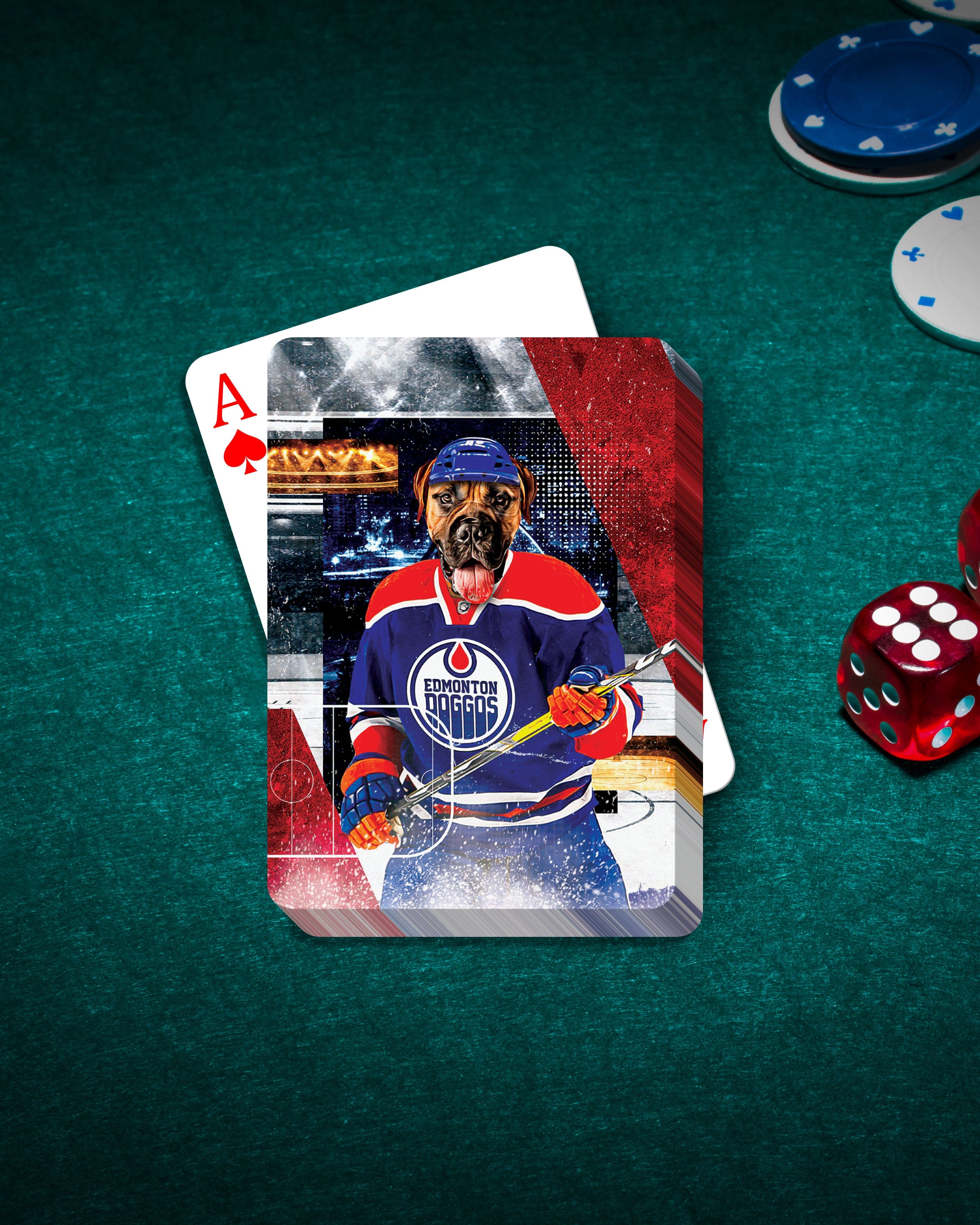 Personalized playing card featuring a dog in an Edmonton Doggos hockey jersey.