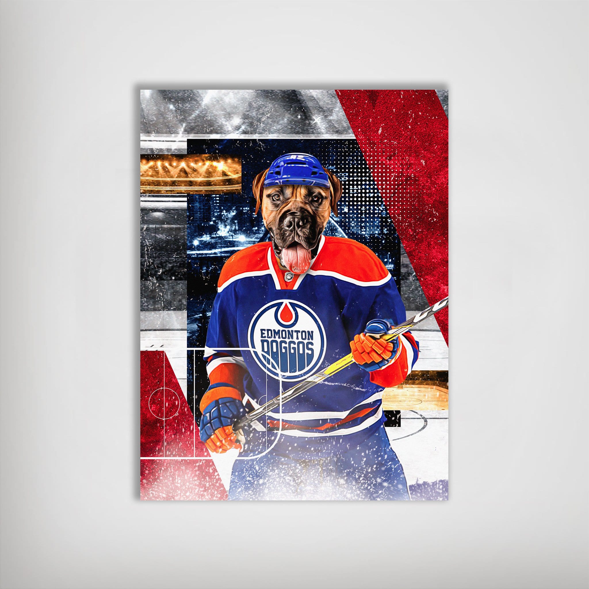 Personalized matte poster featuring a dog in an Edmonton Oilers hockey jersey, helmet, and holding a stick.