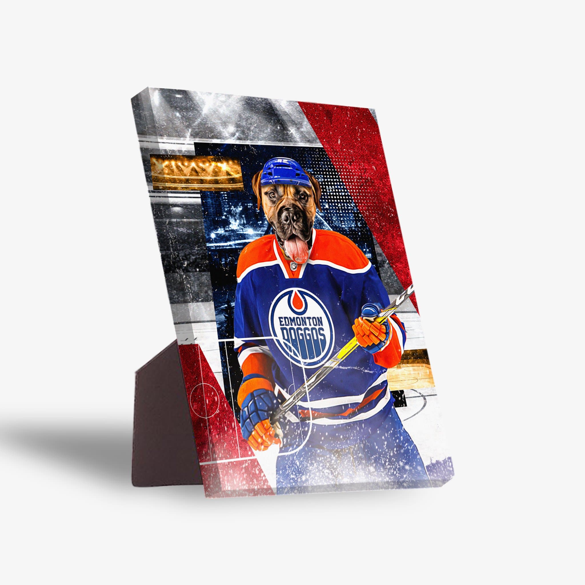 Personalized pet canvas featuring a dog in an Edmonton Doggos hockey jersey with a stick.