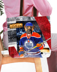 Personalized tote bag with a custom pet portrait of a dog in an Edmonton Doggos hockey uniform.