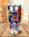 Personalized stainless steel tumbler with a custom dog portrait in an Edmonton Oilers hockey uniform.