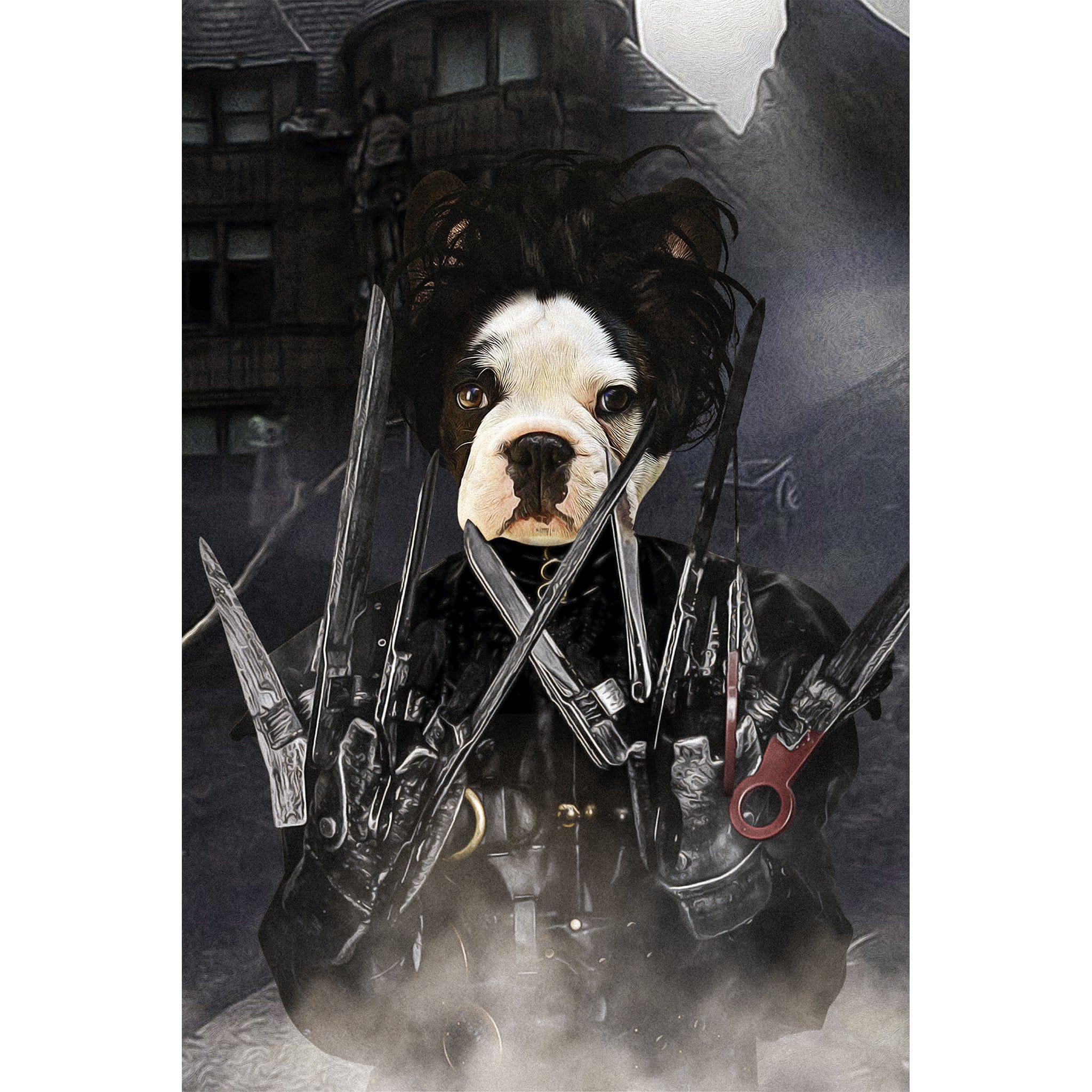 Custom digital portrait of a Boston Terrier as Edward Scissorpaws in a dark, gothic style.