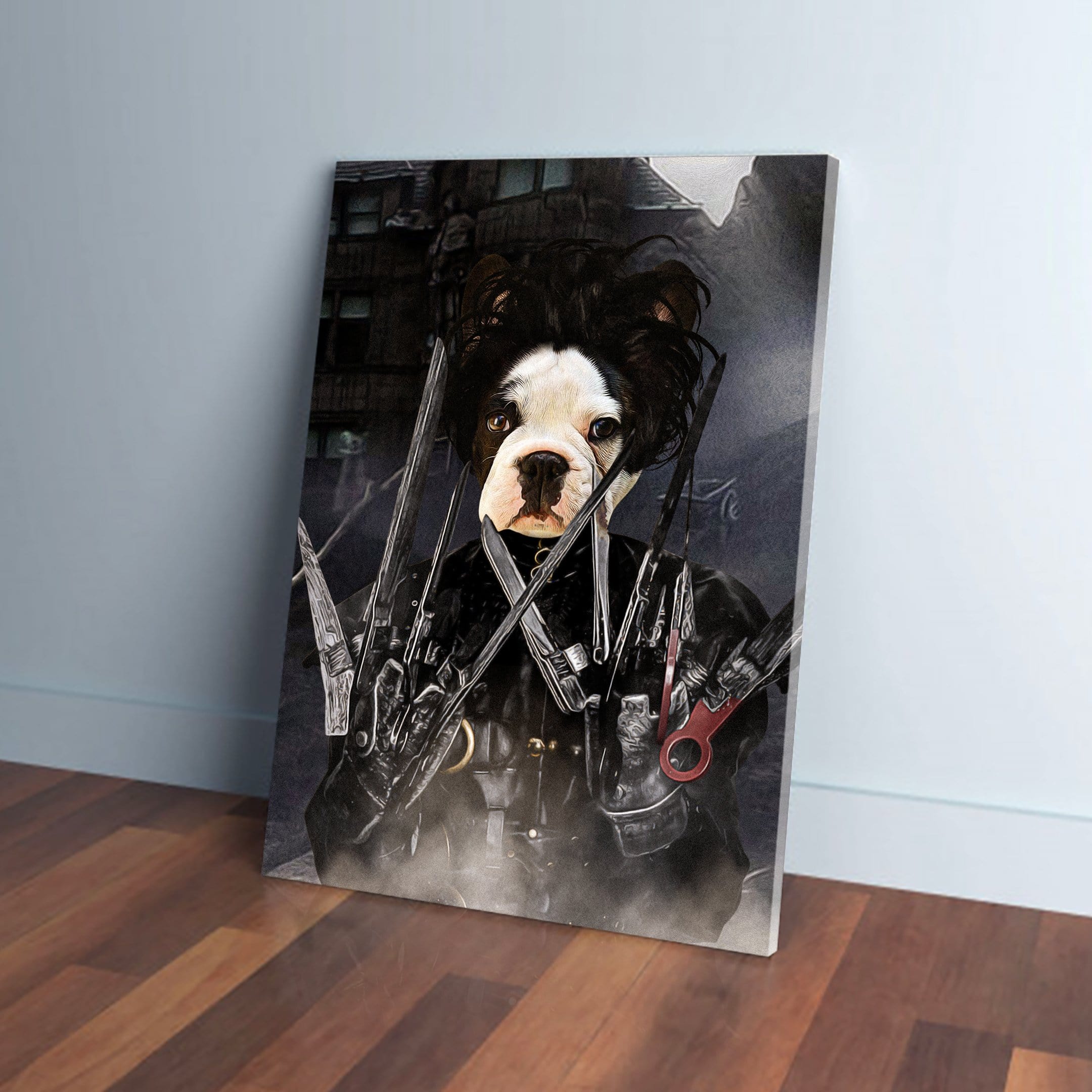 Personalized pet canvas featuring a Boston Terrier as Edward Scissorpaws in a dark, dramatic setting.