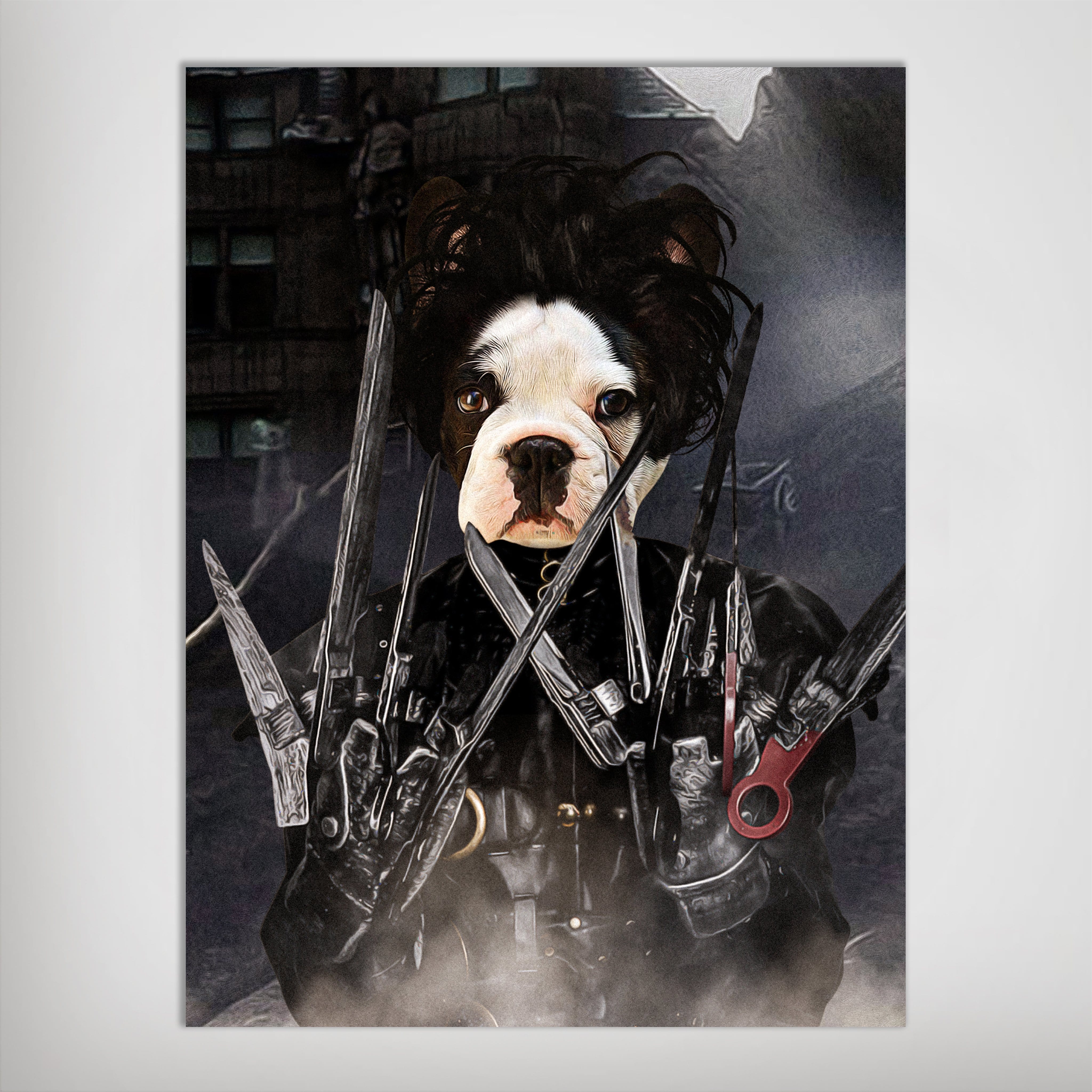 Personalized "Edward Scissorpaws" pet poster featuring a Boston Terrier in a black leather outfit with scissor hands.