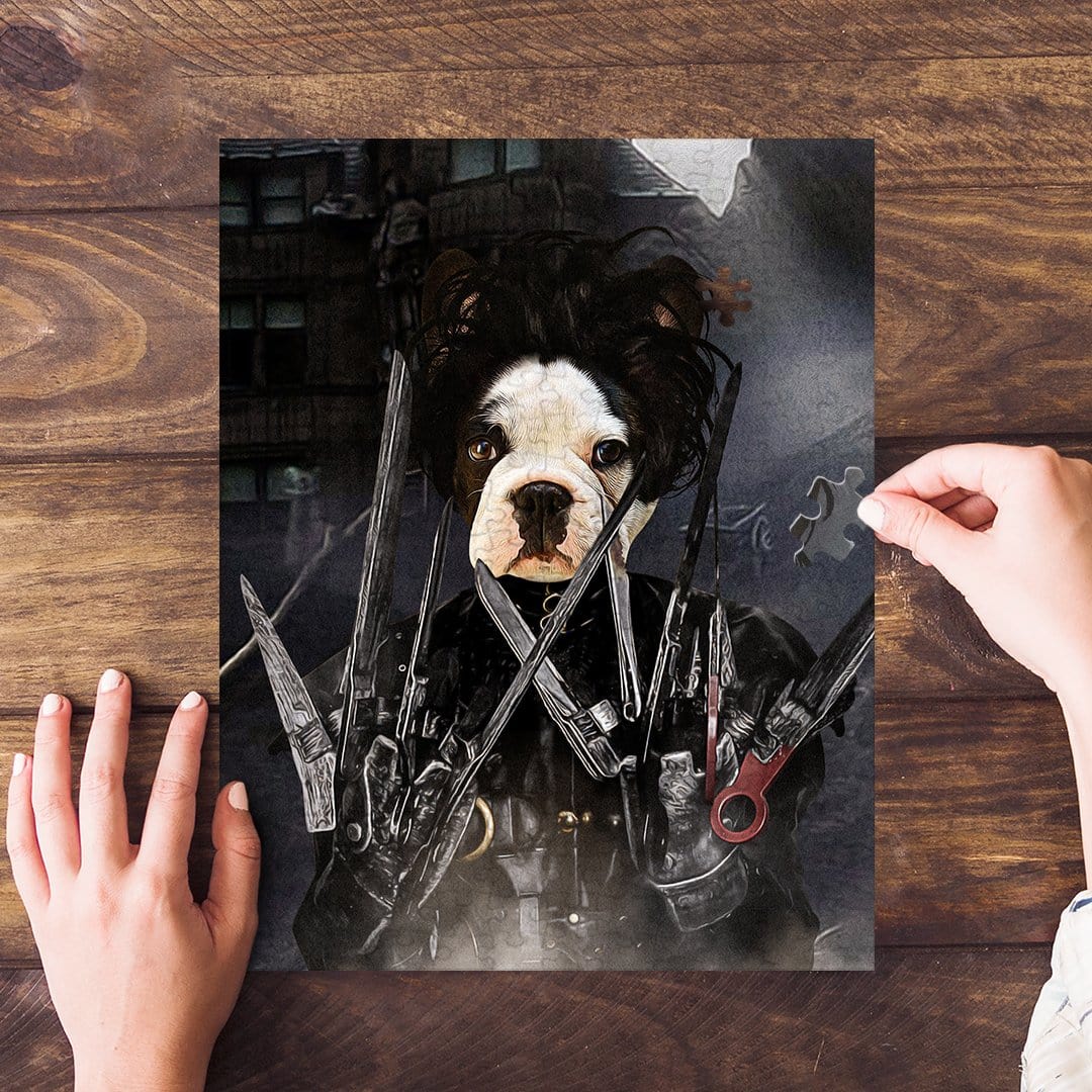 Personalized pet puzzle featuring a Boston Terrier as Edward Scissorpaws, held by hands on a wooden table.