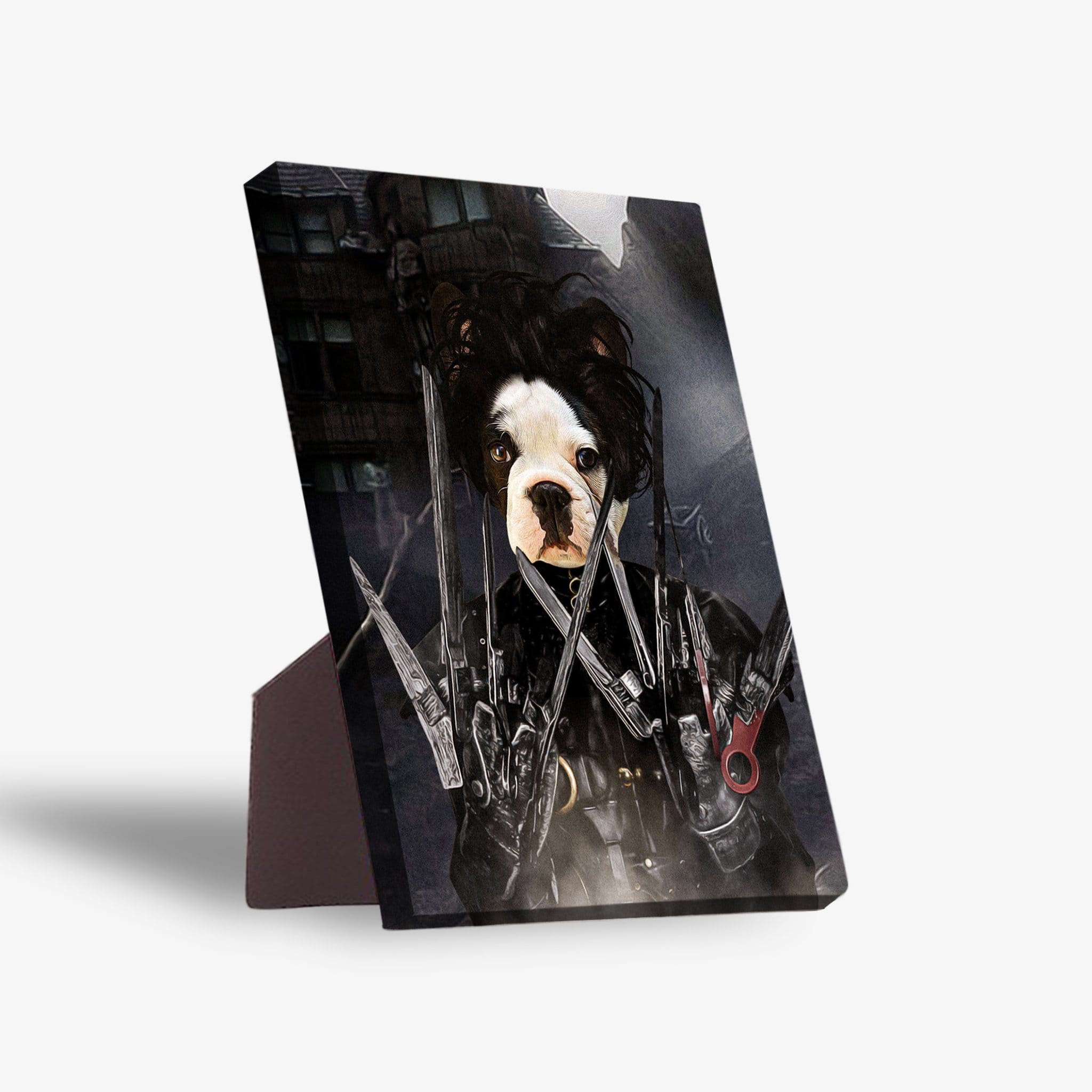 Personalized pet standing canvas featuring a dog dressed as Edward Scissorpaws, with a sturdy back stand.
