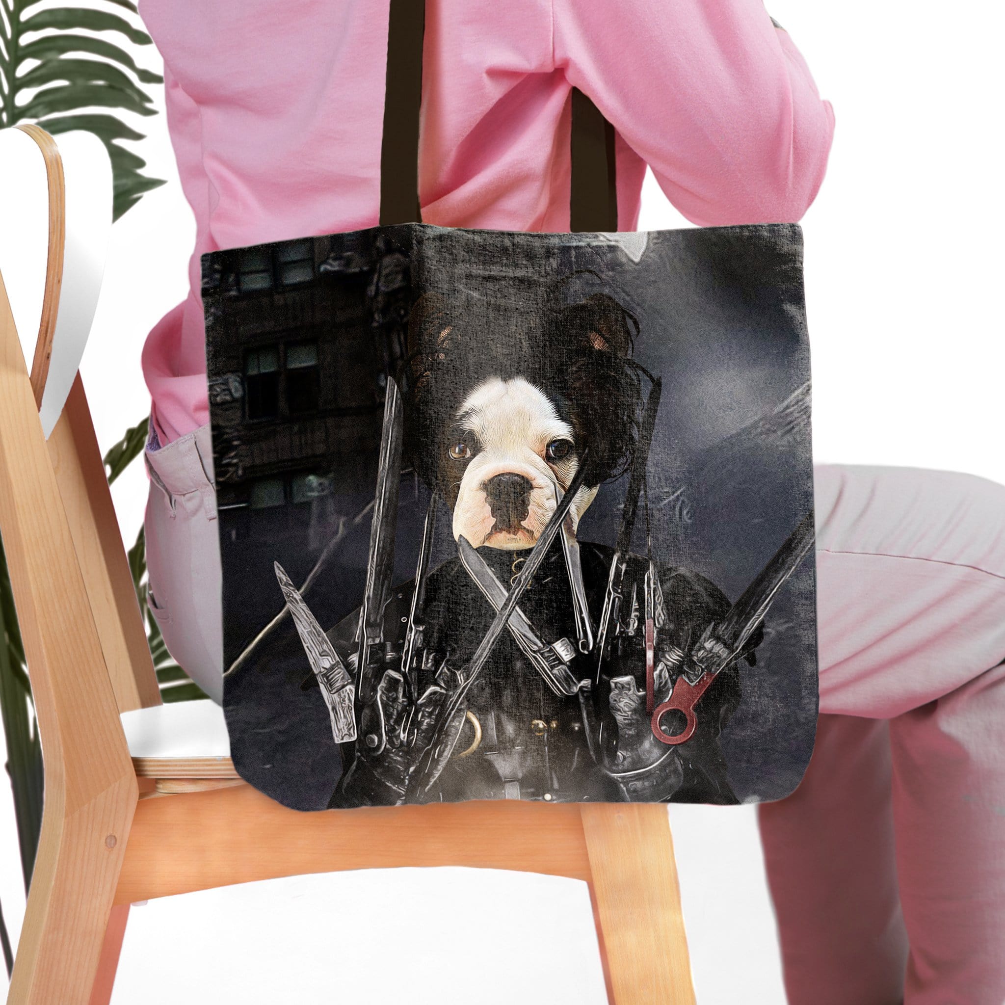 Personalized 'Edward Scissorpaws' tote bag featuring a custom Boston Terrier pet portrait in a dark, dramatic style.