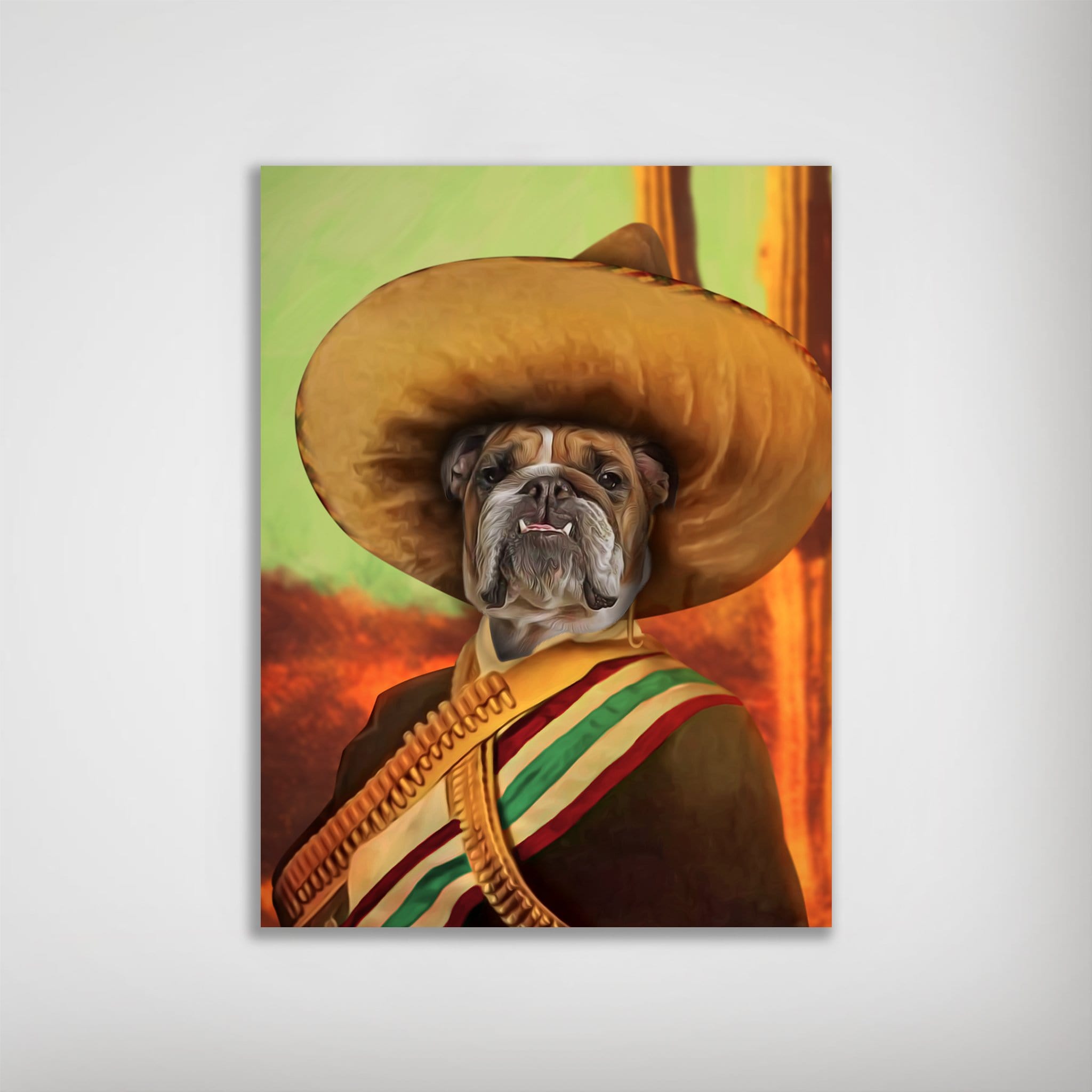 Personalized El Jefe dog poster featuring a bulldog in a sombrero and bandolier, with a vibrant, colorful background.