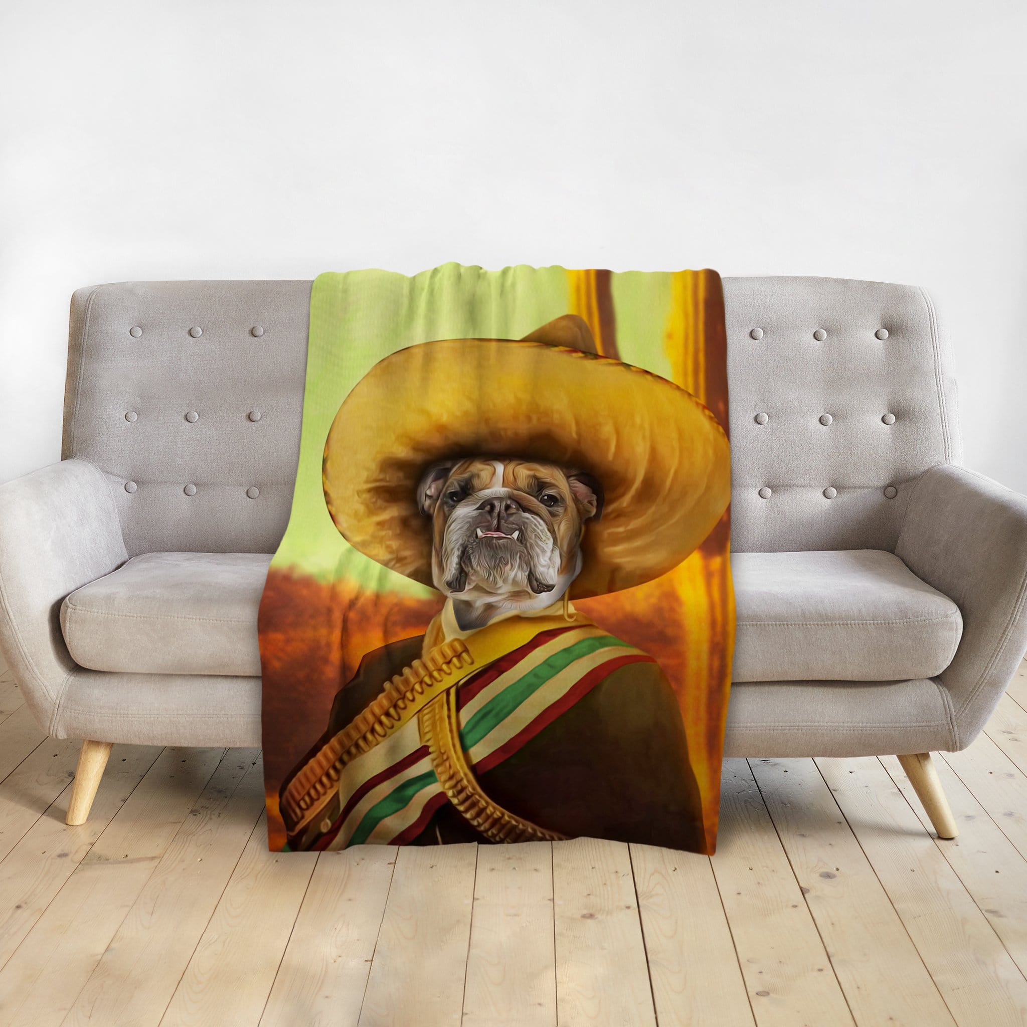 Personalized pet blanket featuring a bulldog in a custom "El Jefe" sombrero and bandolier portrait.