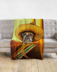 Personalized pet blanket featuring a bulldog in a custom "El Jefe" sombrero and bandolier portrait.