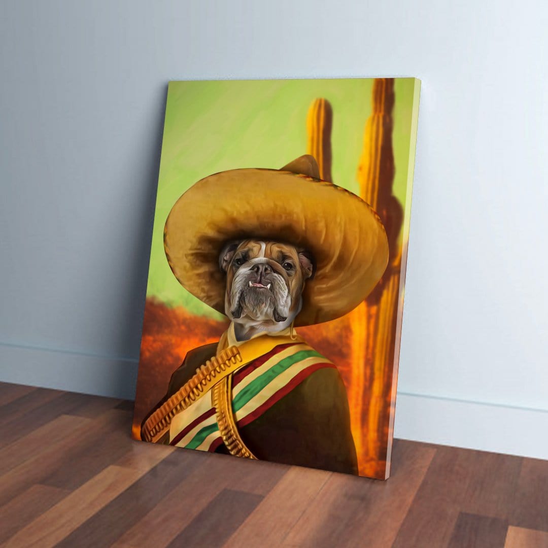 Custom pet canvas featuring a bulldog in a sombrero and Mexican general attire against a desert backdrop.