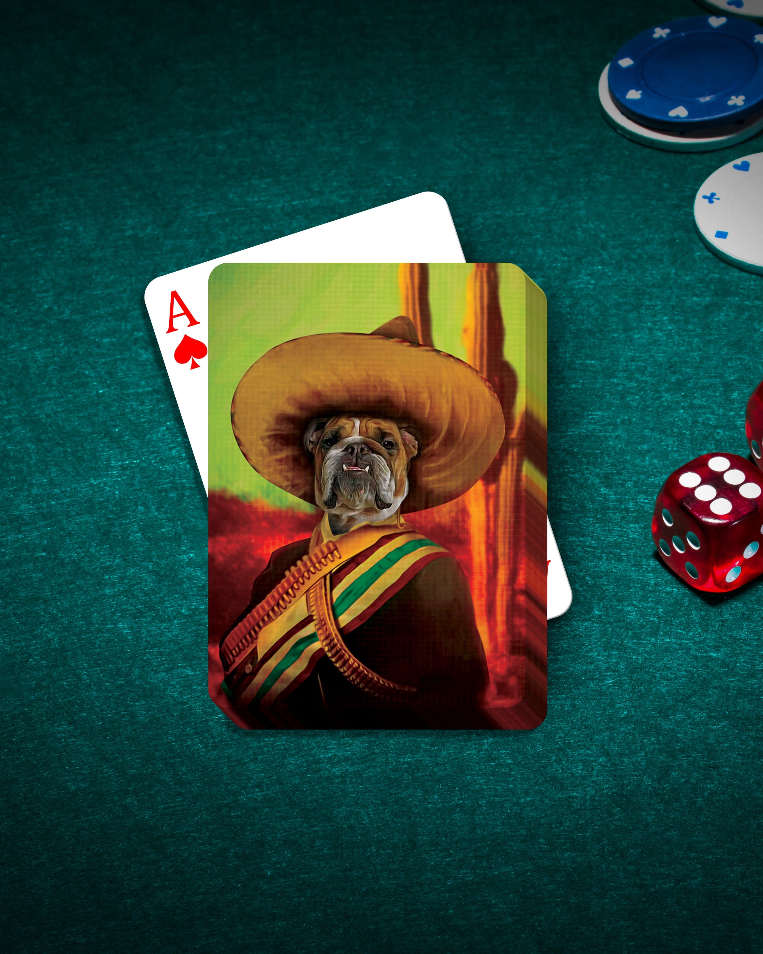 Personalized playing cards featuring a bulldog in a sombrero and bandolier, on a green poker table with chips and dice.