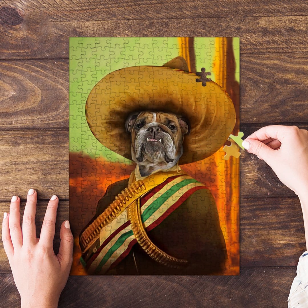 Personalized 'El Jefe' pet puzzle featuring a bulldog in a sombrero and sash.