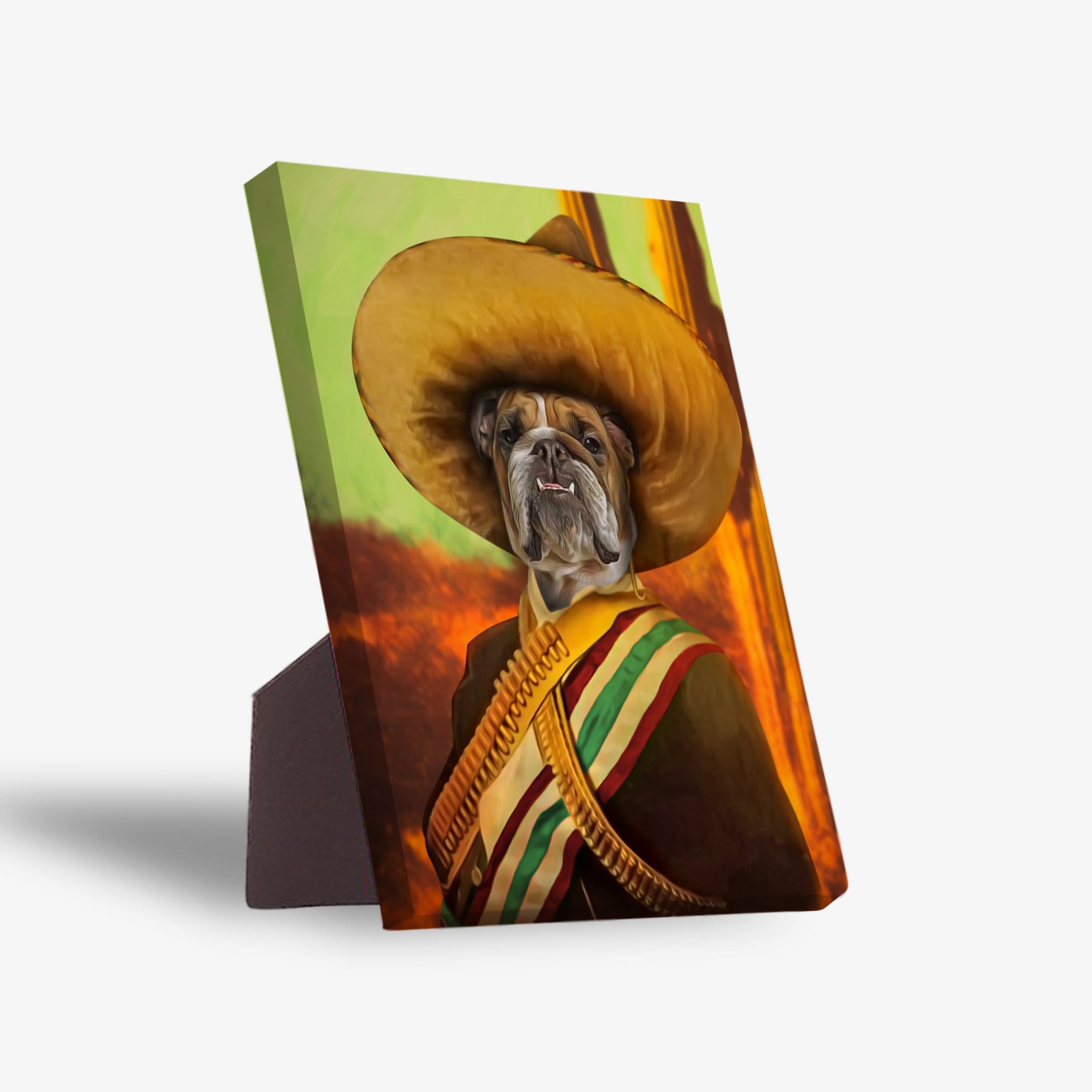 Personalized pet standing canvas featuring a bulldog in a sombrero and military uniform.
