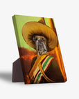 Personalized pet standing canvas featuring a bulldog in a sombrero and military uniform.