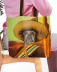 Personalized pet portrait tote bag featuring a bulldog in a sombrero and royal attire.